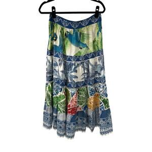 Farm Rio Tropicale Tiered Maxi Skirt Womens M Linen Blend Lace Detail Side Zip